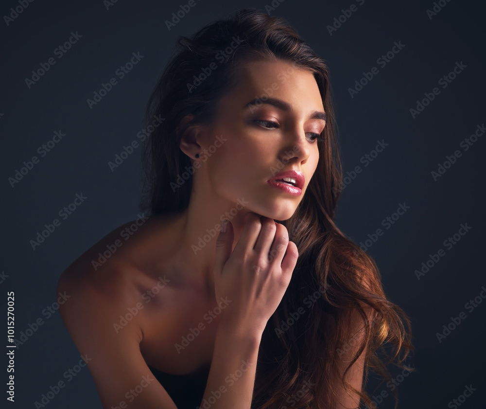 Skincare, cosmetic and woman in studio with natural, beauty and facial routine for healthy glow. Confident, hydration and person with dermatology face treatment for rejuvenation by black background. Skincare, cosmetic and woman in studio with natural, beauty and facial routine for healthy glow. Confident, hydration and person with dermatology face treatment for rejuvenation by black background.