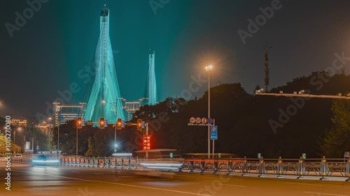 City Landmarks Live Shot Hubei Yichang Yiling Yangtze River Bridge Night Scene Time-lapse. photo