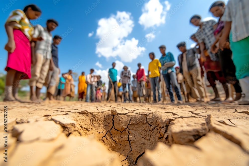 Obraz premium Rural village hit by a drought, with dry, cracked earth and villagers gathering around a dried-up well, representing the impact of climate on rural poverty