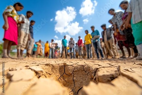 Rural village hit by a drought, with dry, cracked earth and villagers gathering around a dried-up well, representing the impact of climate on rural poverty photo