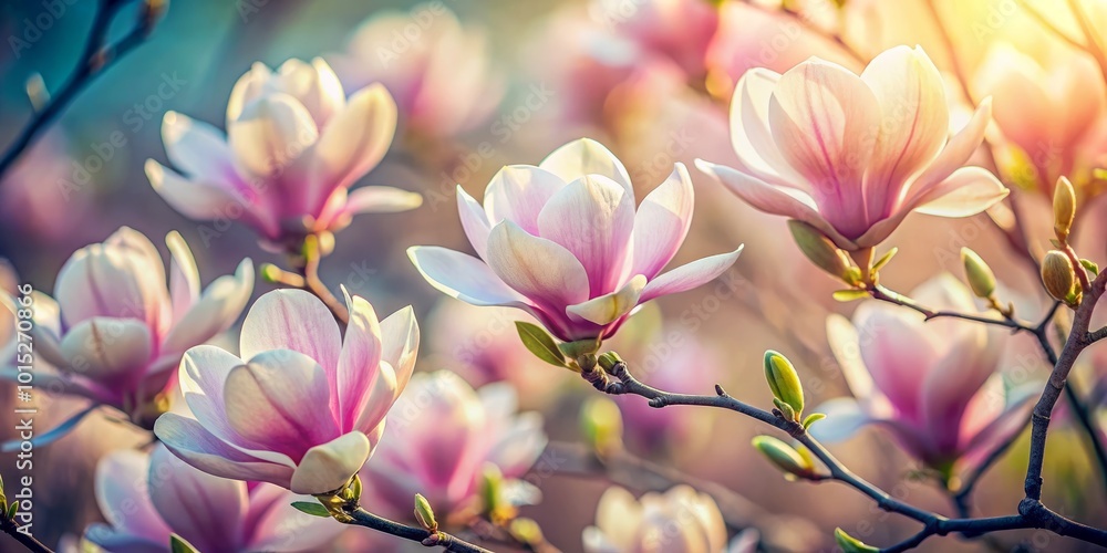 Obraz premium Experience captivating tilt-shift photography of magnolia blossoms in spring, featuring selective focus that highlights their exquisite beauty for