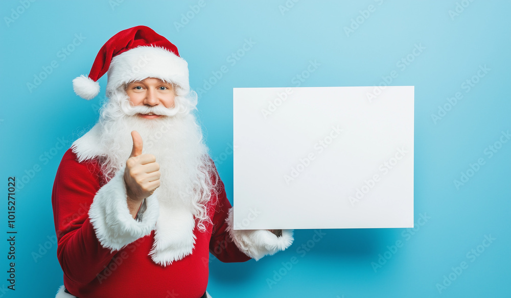Naklejka premium Santa Claus is making a 'thumbs up' gesture while holding a blank white card. Minimal creative Christmas and New Year holiday advertising concept. Copy space.
