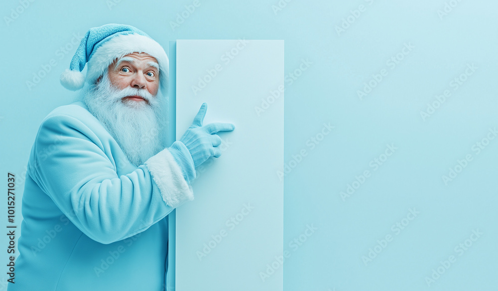 Blue dressed Santa Claus is pointing at the side of an empty white banner.Minima creative Christmas and New year holiday advertise concept.Copy space Blue dressed Santa Claus is pointing at the side of an empty white banner.Minima creative Christmas and New year holiday advertise concept.Copy space