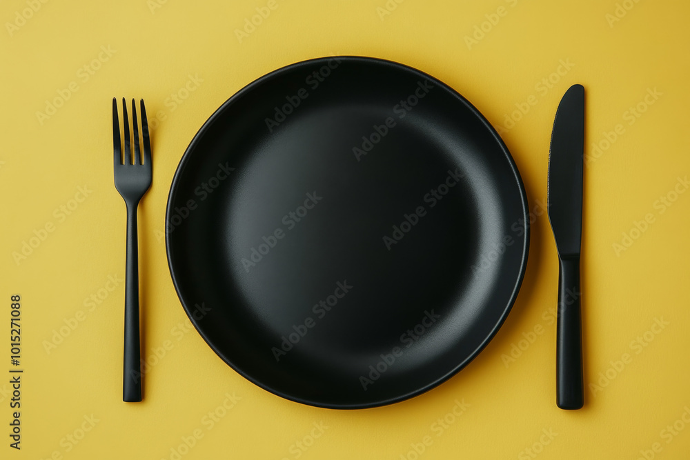 Empty black round plate with matte black fork and knife on a yellow background top view minimalist table setting concept with modern dishware and stylish flat lay composition in contrasting colors Empty black round plate with matte black fork and knife on a yellow background top view minimalist table setting concept with modern dishware and stylish flat lay composition in contrasting colors