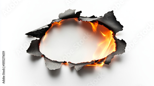 Charred paper with a fiery hole on white photo