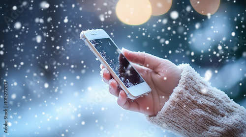 降る雪の中でスマホを使う手