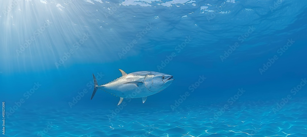 Wild Tuna Swimming Beneath The Surface, Sunbeams Light Shafts Pierce Through Blue Ocean Underwater Wild Tuna Swimming Beneath The Surface, Sunbeams Light Shafts Pierce Through Blue Ocean Underwater