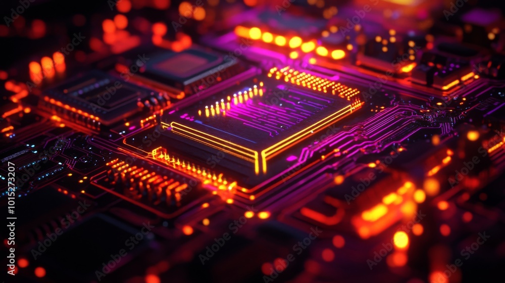 Close-up of a glowing circuit board with neon lights. Close-up of a glowing circuit board with neon lights.
