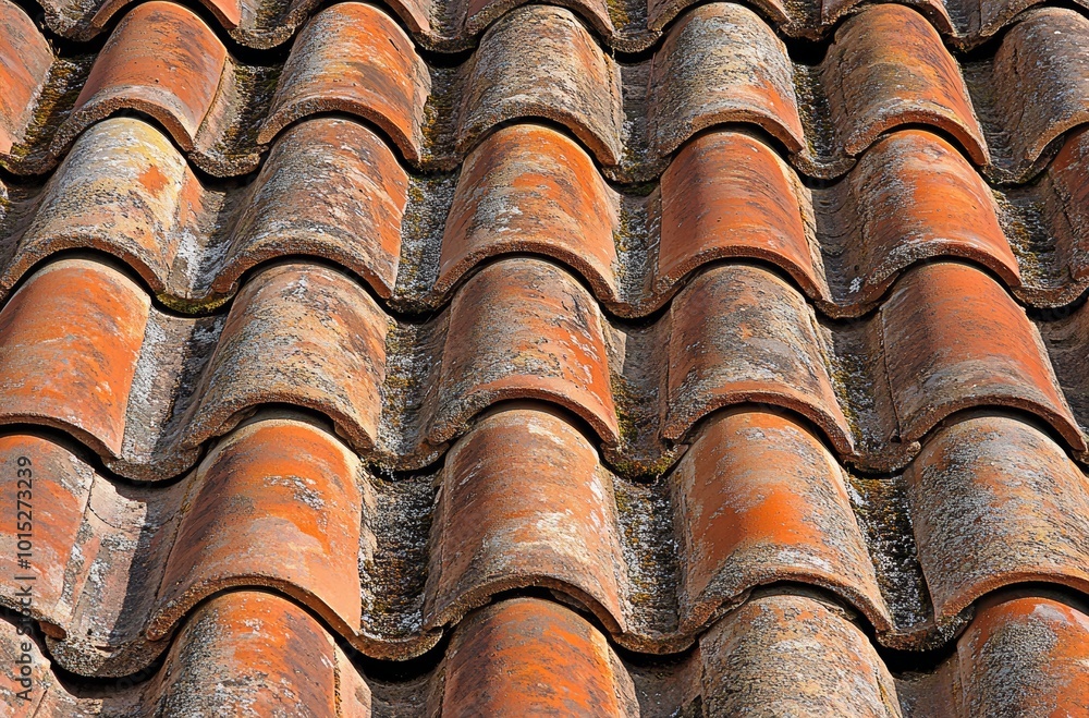 A detailed look at weathered terracotta roof tiles, demonstrating their rustic texture and age in bright sunlight A detailed look at weathered terracotta roof tiles, demonstrating their rustic texture and age in bright sunlight