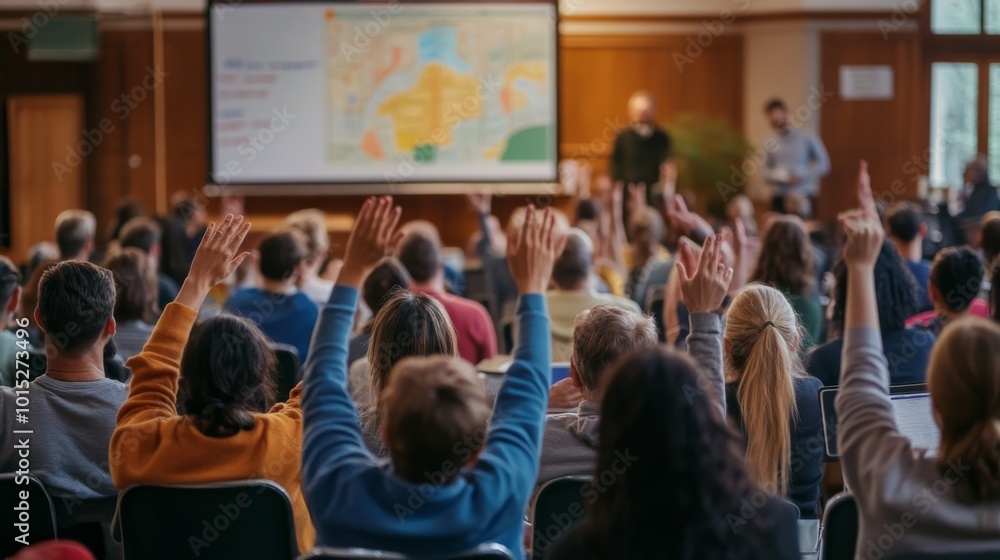 Obraz premium Community members gather in a large hall, raising hands to voice opinions during a town hall meeting about local development plans, with a flipchart map displayed nearby