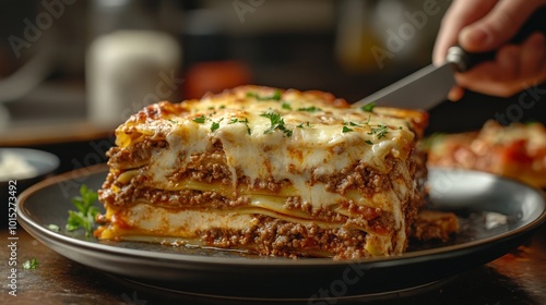 delicious plate of hot multi-layered meat lasagna dripping with cheese.	