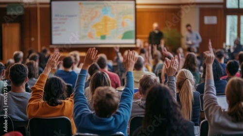 Community members gather in a large hall, raising hands to voice opinions during a town hall meeting about local development plans, with a flipchart map displayed nearby photo