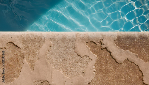 On the top view of a swimming pool is a water ring with a palm shadow on travertine stone.
 photo