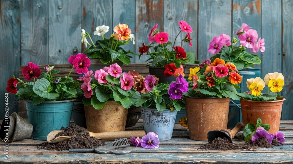 A variety of colorful potted flowers arranged on a wooden surface, with some soil and gardening tools scattered around, reflecting a casual gardening setup. A variety of colorful potted flowers arranged on a wooden surface, with some soil and gardening tools scattered around, reflecting a casual gardening setup.