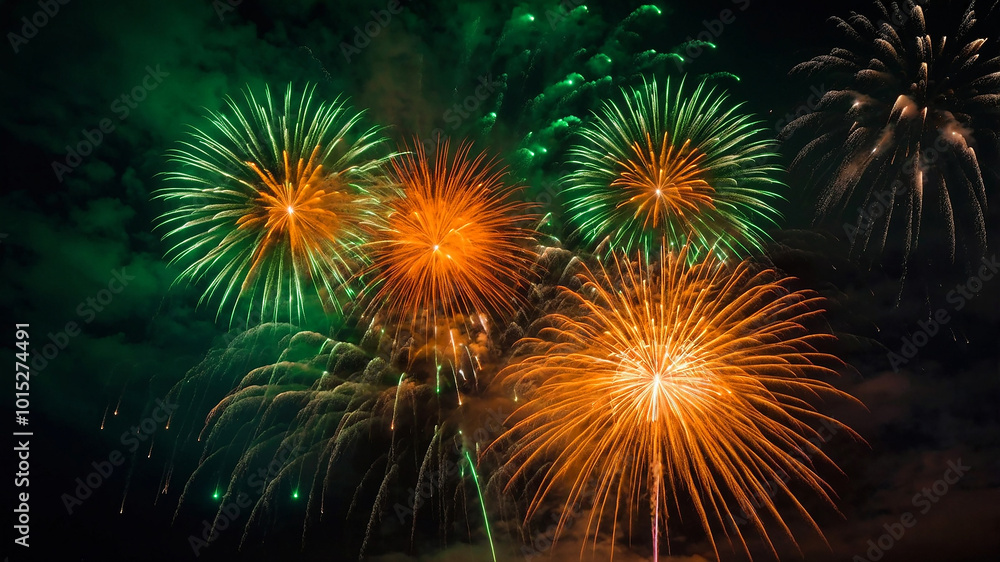 Fototapeta premium Vibrant 2025 New Year Fireworks Celebration In Night Sky With Bright Explosions, New Year Celebration