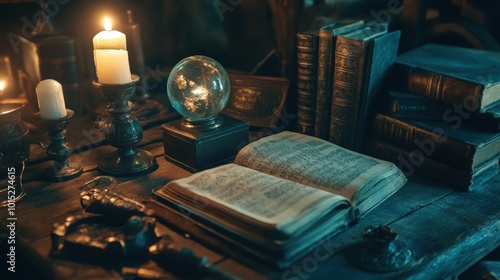 Mystical table filled with old books, a crystal ball, candles, and ancient tools photo