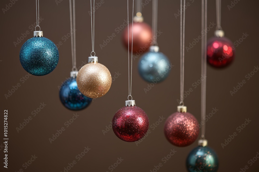 Various sparkling Christmas ornaments hang from strings, showcasing vibrant colors and creating a festive atmosphere during the holidays Various sparkling Christmas ornaments hang from strings, showcasing vibrant colors and creating a festive atmosphere during the holidays