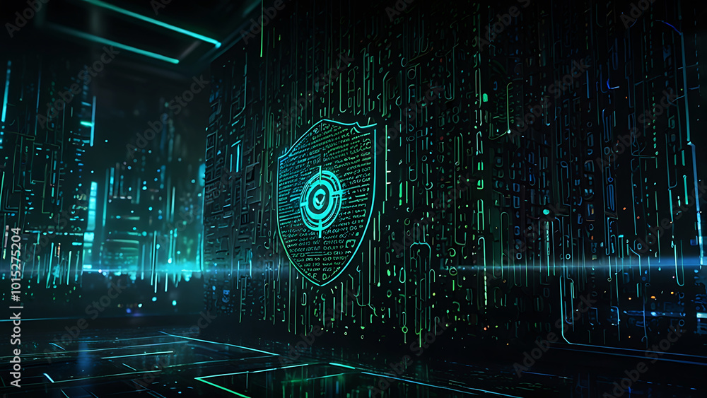 Fototapeta premium Digital Cyber Security Concept with Encrypted Crypto Symbols Finance and Glowing Data Trails Finance Server