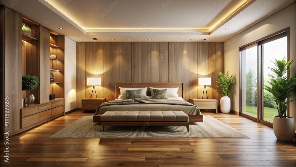 Obraz premium In a modern bedroom, wooden square floors and pristine white walls come alive under the gentle glow of night photography, showcasing a peaceful and