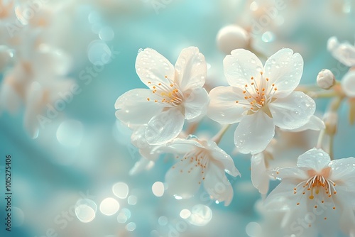 Delicate cherry blossoms with dew drops 