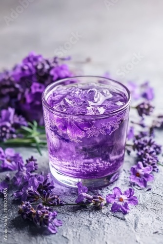 Refreshing Lavender Lemonade Drink. Cold Summer Beverage with Lavender Flowers Decoration