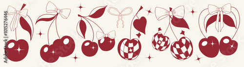 Cute cherry set. Coquette cherries with gift bow. Berry girly icon for card, sticker, print design. Red glamour vector illustration