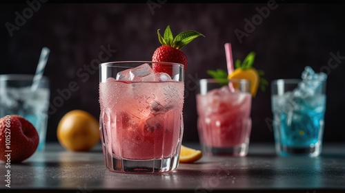Wallpaper Mural Four glasses of pink fruit juice with ice cubes and a strawberry garnish, with a slice of lemon and a peach on the counter. Torontodigital.ca