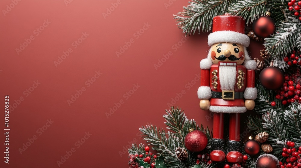 Obraz premium Cute wooden nutcracker with Christmas ornament background