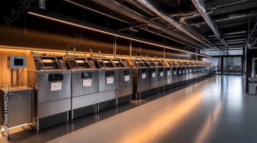 A spacious appliance store showcases a row of high-quality, gleaming washing machines under bright spotlights photo