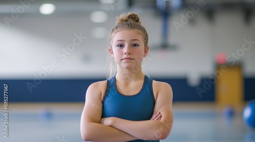 A teenage girl in a wrestling singlet stands with crossed arms and a determined expression in the center of a gymnasium, surrounded by training equipment