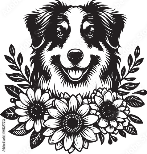 Australian Shepherd with sunflowers