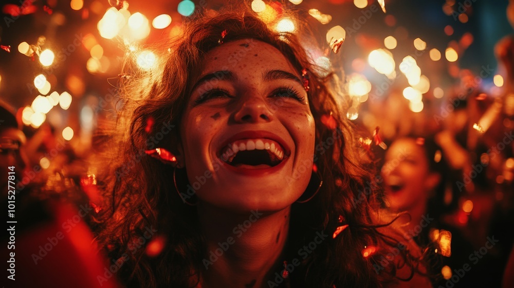 Excited audience watching confetti fireworks and having fun at night Excited audience watching confetti fireworks and having fun at night