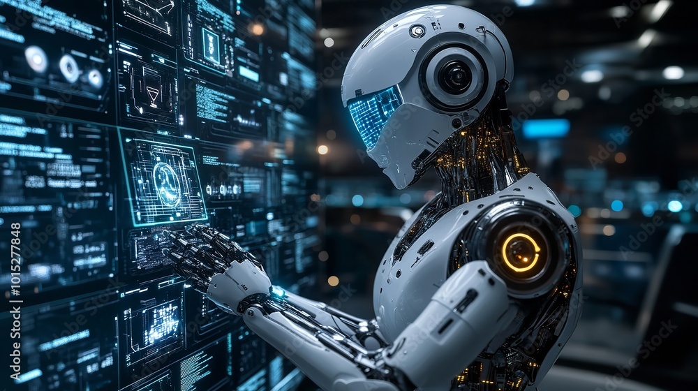 A stock illustration of a future robot showcasing advancements in AI technology and machine learning. This 3D rendering represents robotic bionic science research aimed at enhancing human life. A stock illustration of a future robot showcasing advancements in AI technology and machine learning. This 3D rendering represents robotic bionic science research aimed at enhancing human life.