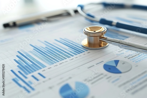 A doctor analyzing a financial graph, showcasing virtual data and growth trends in the healthcare and medical insurance sectors.