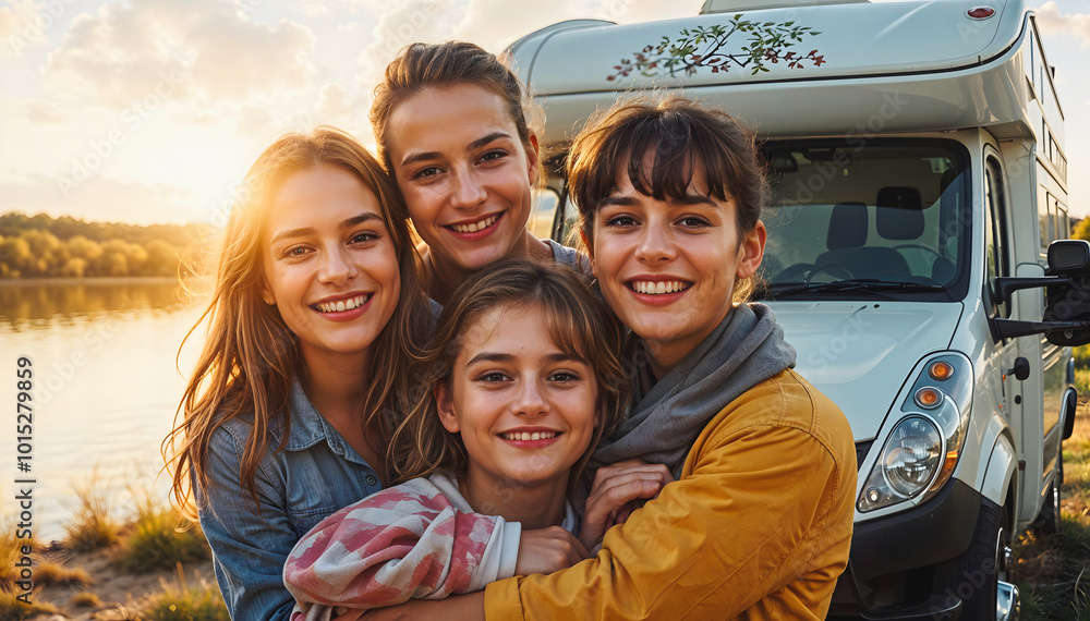 Portrait of happy young family on camping vacation, camper van in background, road trip