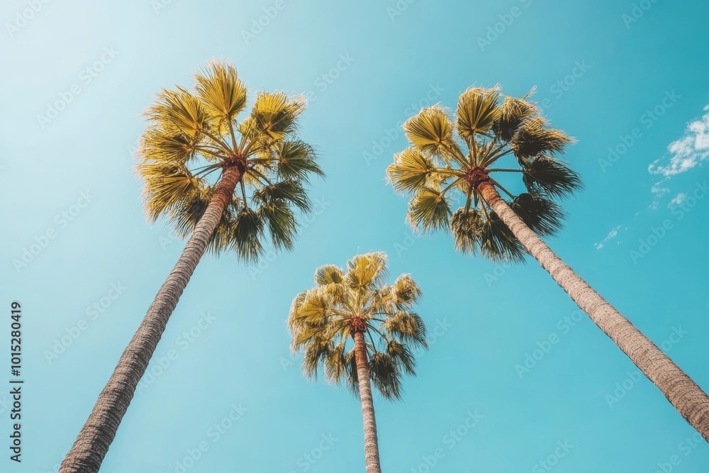 Obraz premium Three tall palm trees reach upward against a bright blue sky, creating a vibrant and relaxing atmosphere in a tropical setting