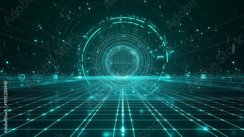 A glowing, teal futuristic portal with a grid floor and glowing particles.