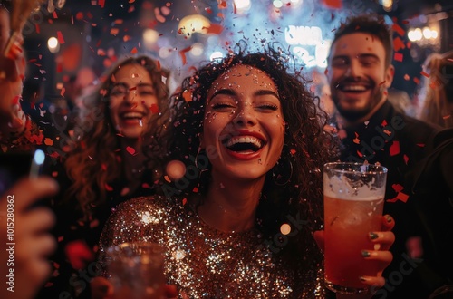 A lively group of friends enjoying beers together at a festive party with confetti and joyful laughter photo