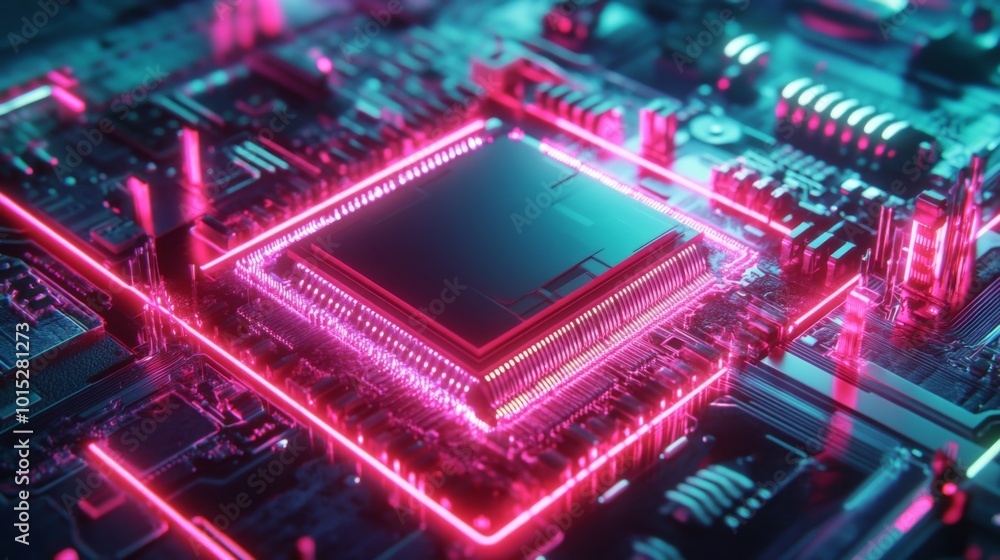 A close-up of a CPU chip with neon pink and blue lights. A close-up of a CPU chip with neon pink and blue lights.
