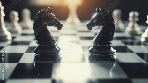 Close-up of black and white chess knight pieces in a standoff position on a stylized chessboard, symbolizing strategy and rivalry. Knights Tournament. Illustration