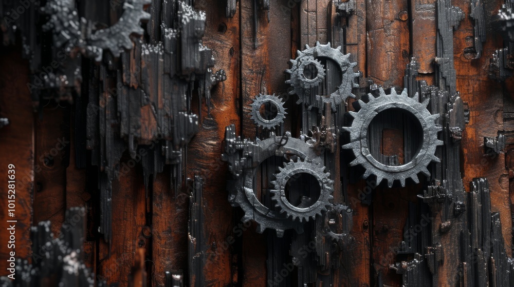 A set of rusted metal gears is embedded into a jagged wooden surface. The dark, weathered wood and corroded metal evoke themes of decay, industrial wear, and the passage of time. A set of rusted metal gears is embedded into a jagged wooden surface. The dark, weathered wood and corroded metal evoke themes of decay, industrial wear, and the passage of time.