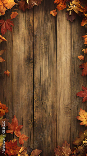 Autumn maple leaves surrounding wooden background