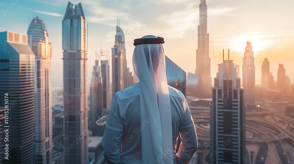 Arabic businessman looking at skyscrapers in city at sunset Arabic businessman looking at skyscrapers in city at sunset