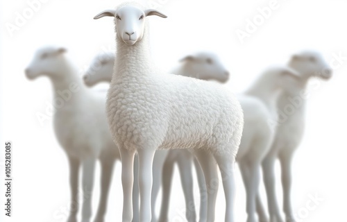 group of white sheep against white background. Concept of blind followers