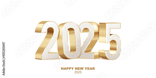 Happy New Year 2025. White and golden 3D numbers isolated on a white background. Holiday greeting card design.