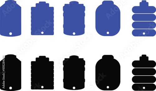 Blue and black water tank icons set flatvector collection isolated on transparent background. water gallon element graphic design. Plastic material large bag for water saving, house storage