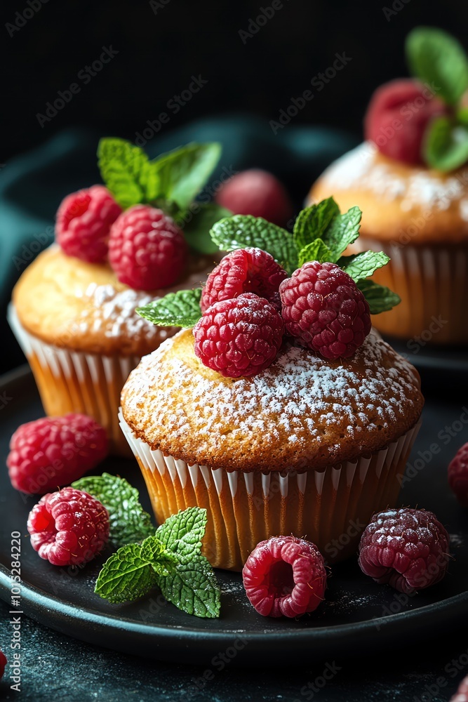 Fresh berry muffins dusted with powdered sugar, garnished with raspberries and mint Fresh berry muffins dusted with powdered sugar, garnished with raspberries and mint