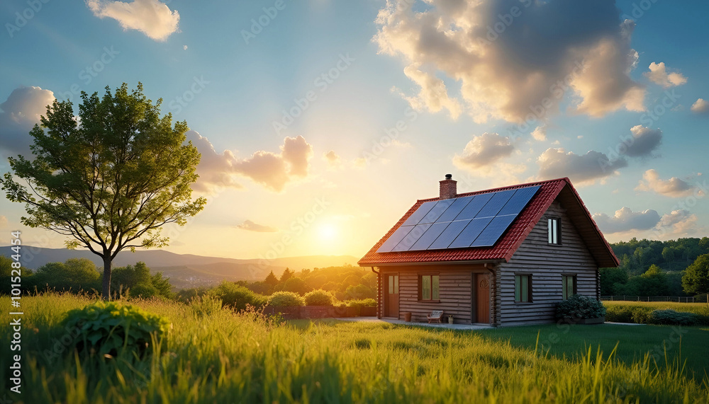 A beautiful eco-friendly house with solar panels, set against a stunning sunset in a serene countryside landscape.