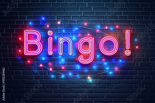 Neon sign with text "Bingo!" on a dark brick wall background. Game and gambling concept, symbol of a casino game or lotto festival in a clip art style. 