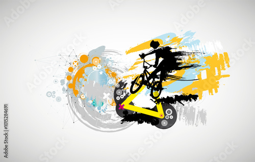 Vector banner or flyer with cyclist on the bike. Abstract poster of BMX competitions sport template.